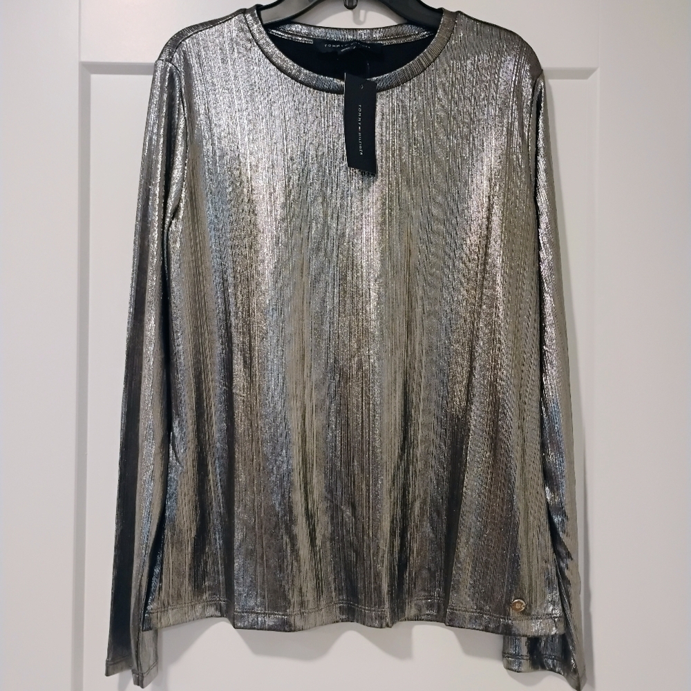 NWT S Tommy Hilfiger Metallic Silver Long Sleeve Stretch Knit Top NEW
